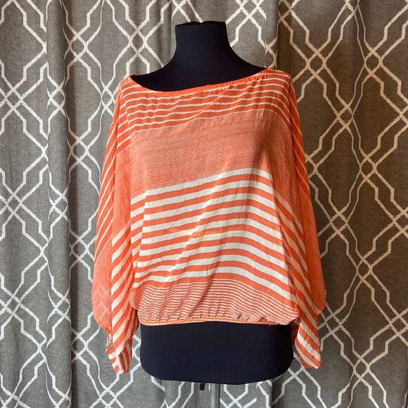 CHARLOTTE RUSSE - ORANGE AND WHITE STRIPPED FLOWY BLOUSE TOP - SMALL - Picture 1 of 9